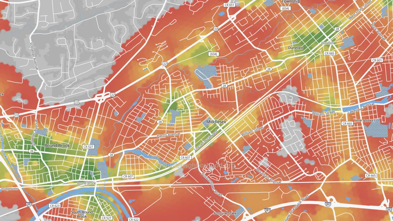 Walk Grade map of 08846, NJ, walkable areas in green and car-dependent areas in red