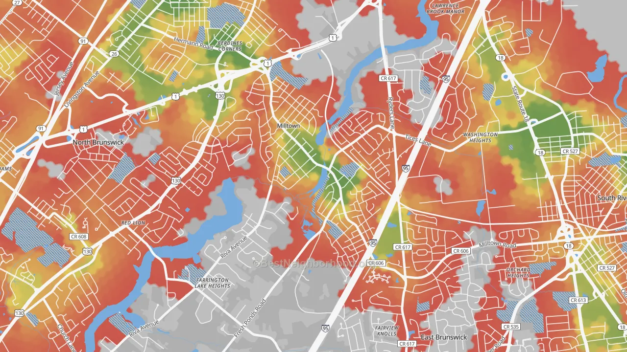 Walk Grade map of 08850, NJ, walkable areas in green and car-dependent areas in red