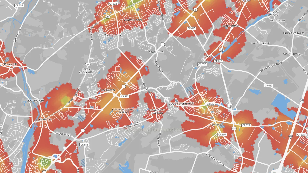 Walk Grade map of 08852, NJ, walkable areas in green and car-dependent areas in red