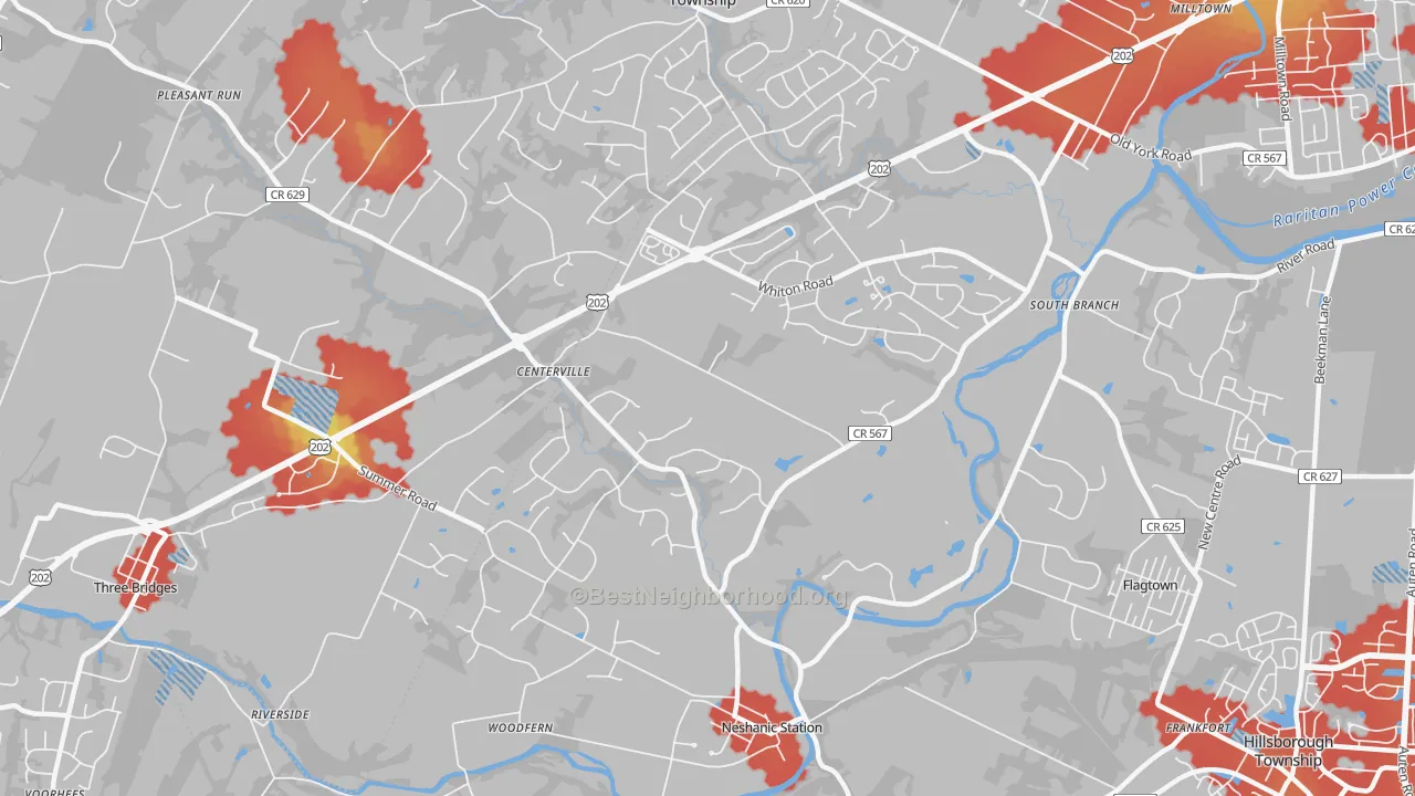 Walk Grade map of 08853, NJ, walkable areas in green and car-dependent areas in red