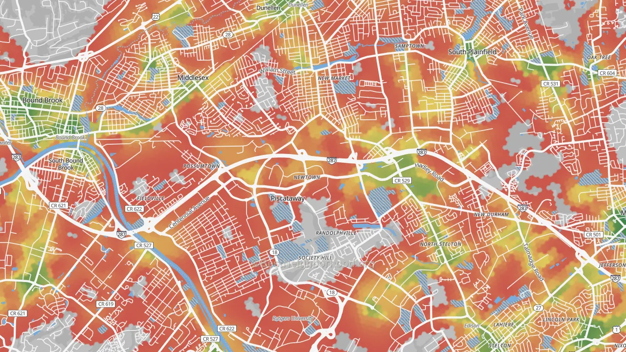 Walk Grade map of 08854, NJ, walkable areas in green and car-dependent areas in red