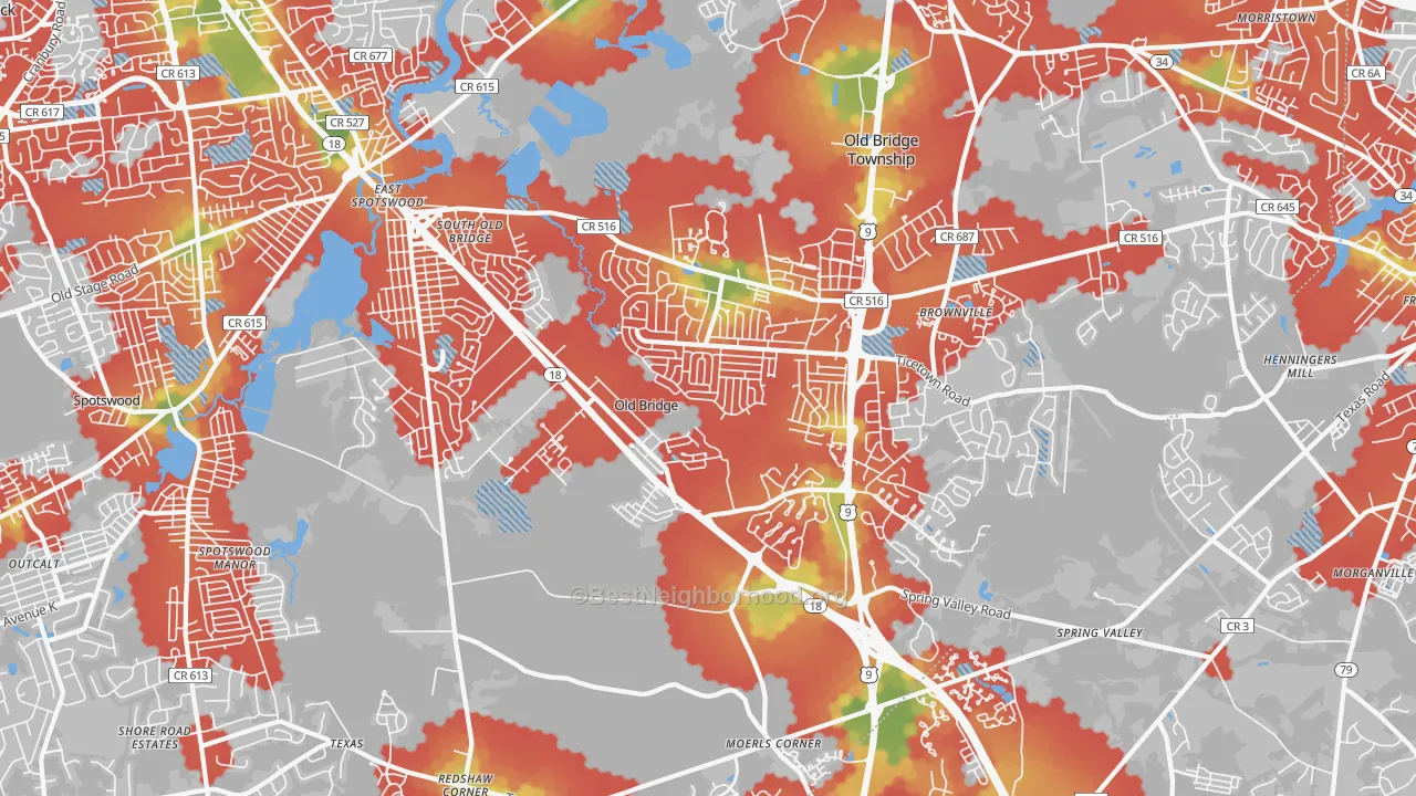 Walk Grade map of 08857, NJ, walkable areas in green and car-dependent areas in red