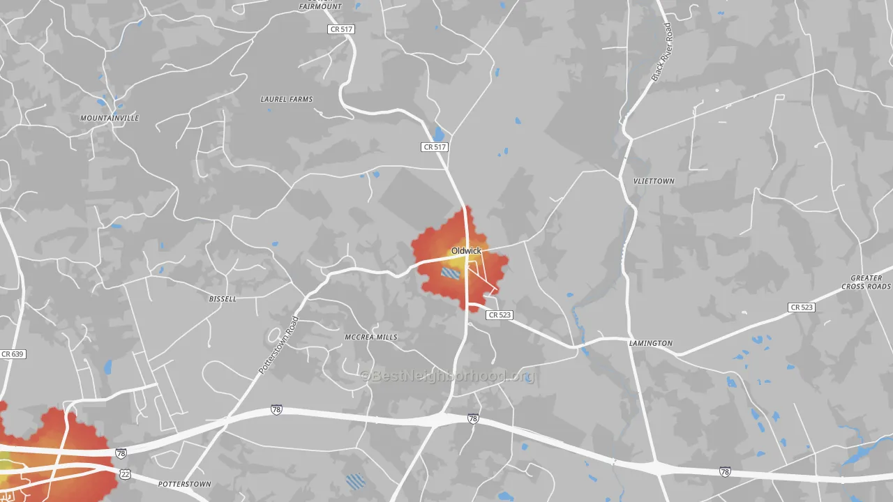 Walk Grade map of 08858, NJ, walkable areas in green and car-dependent areas in red