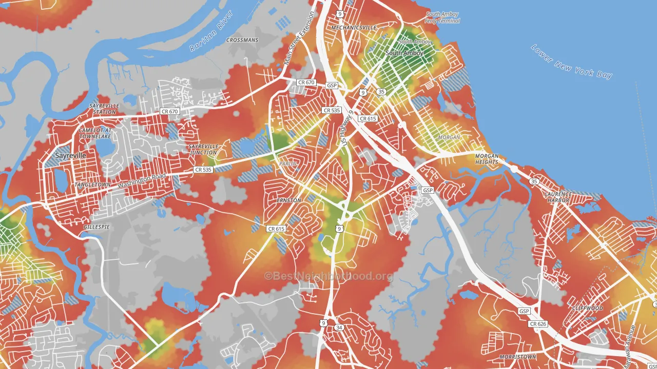 Walk Grade map of 08859, NJ, walkable areas in green and car-dependent areas in red