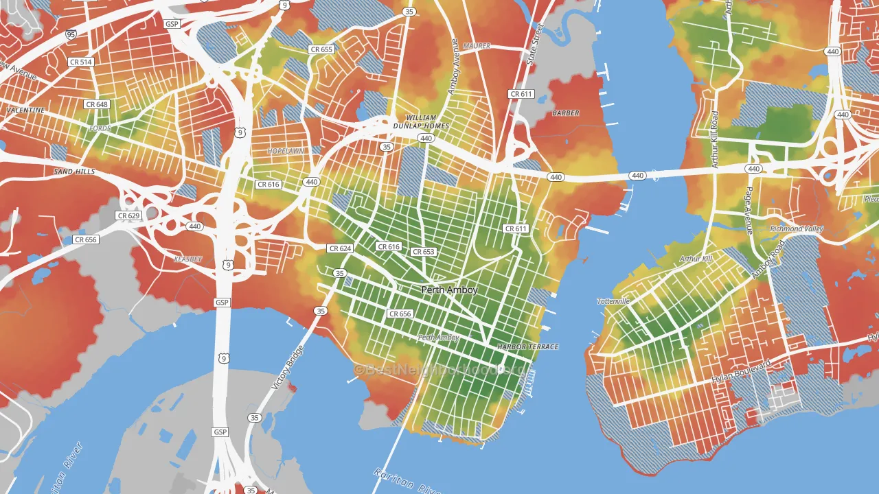 Walk Grade map of 08861, NJ, walkable areas in green and car-dependent areas in red