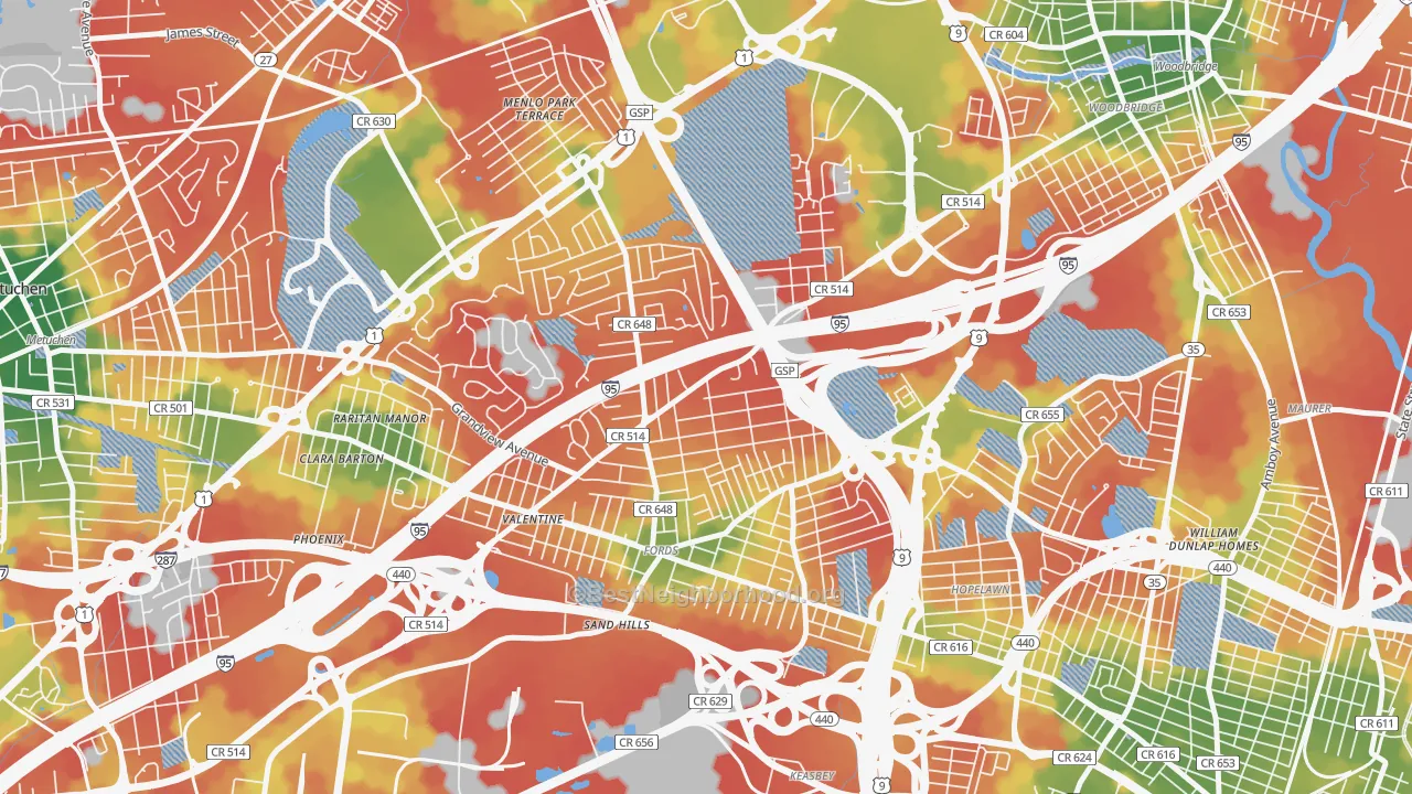 Walk Grade map of 08863, NJ, walkable areas in green and car-dependent areas in red