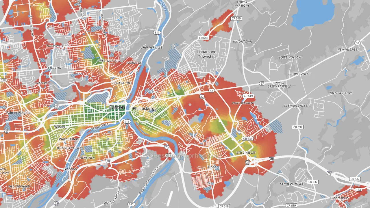 Walk Grade map of 08865, NJ, walkable areas in green and car-dependent areas in red