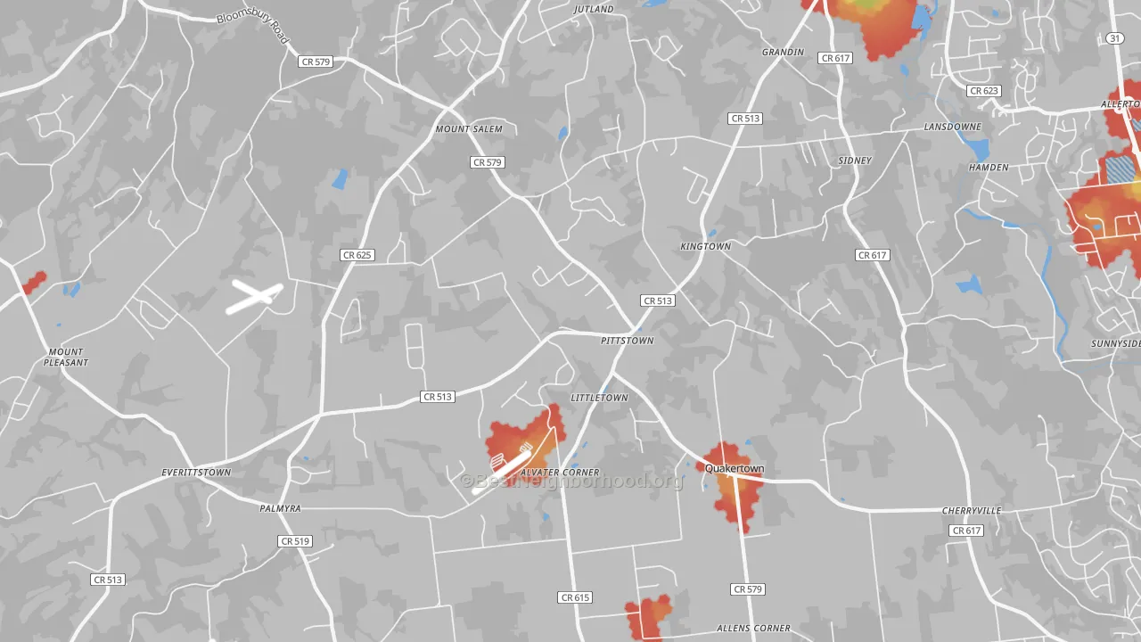 Walk Grade map of 08867, NJ, walkable areas in green and car-dependent areas in red