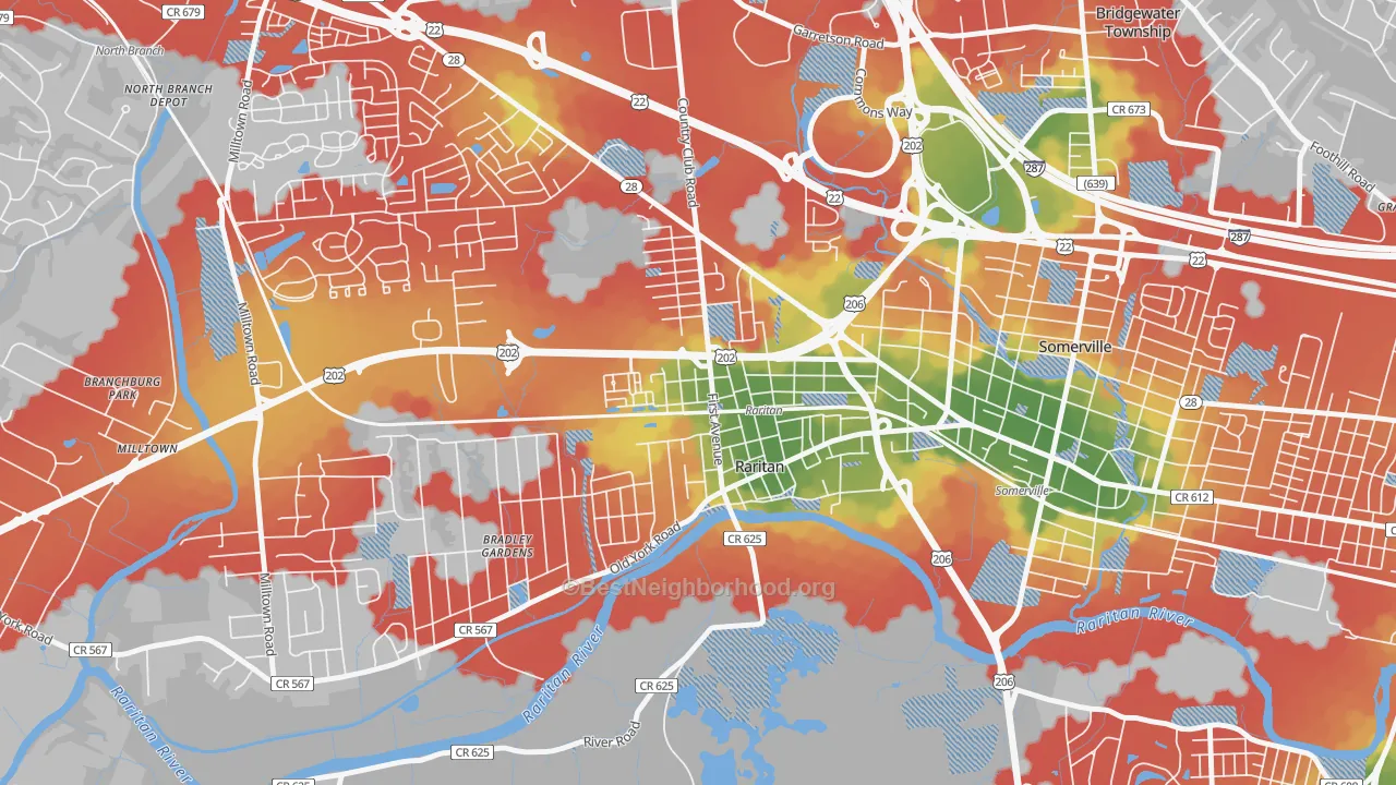 Walk Grade map of 08869, NJ, walkable areas in green and car-dependent areas in red