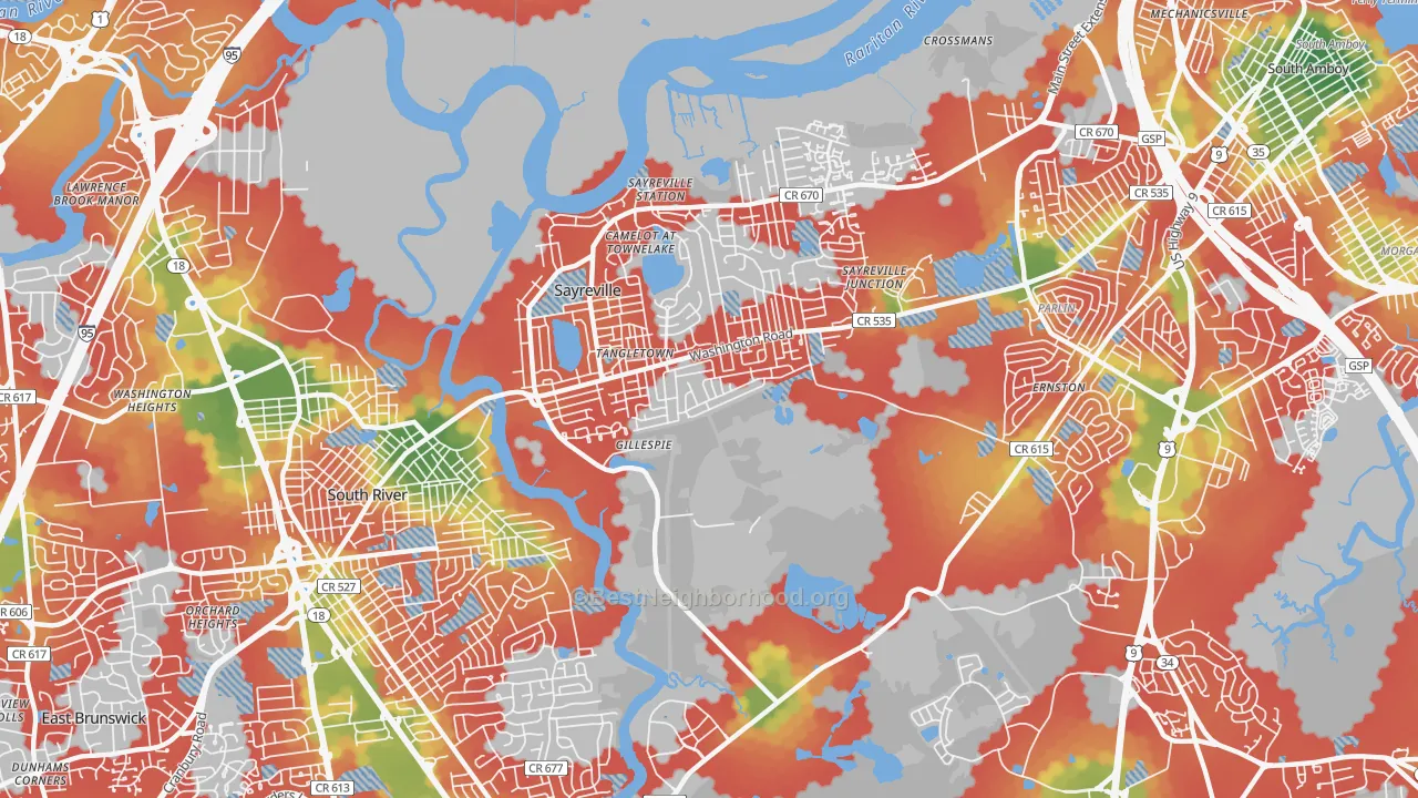 Walk Grade map of 08872, NJ, walkable areas in green and car-dependent areas in red