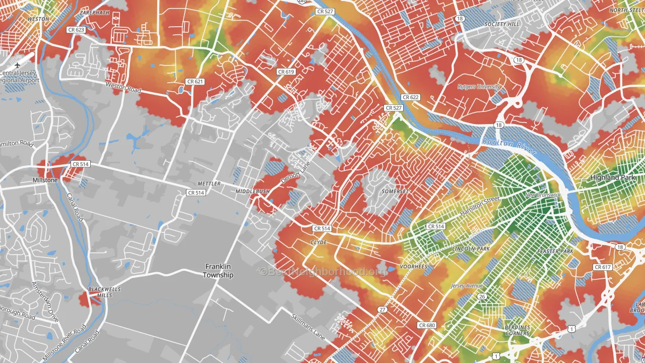 Walk Grade map of 08873, NJ, walkable areas in green and car-dependent areas in red