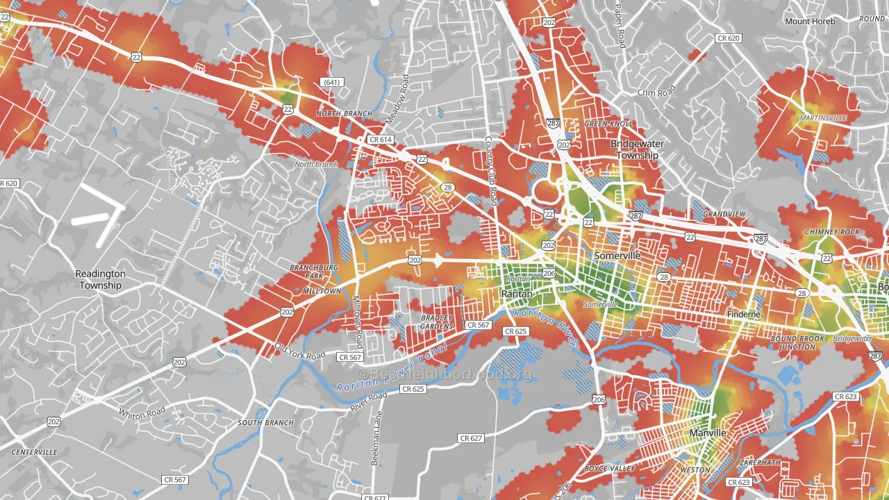 Walk Grade map of 08876, NJ, walkable areas in green and car-dependent areas in red