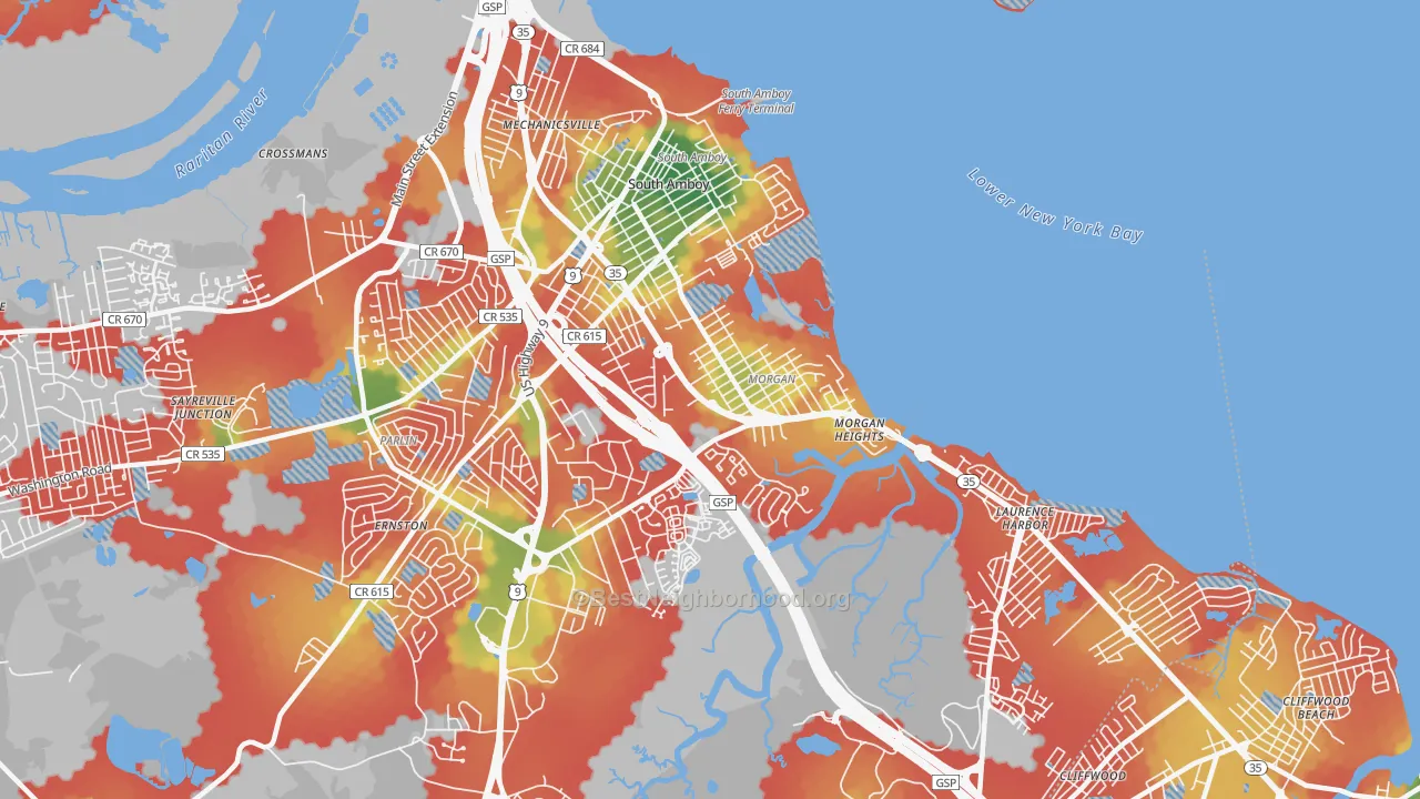 Walk Grade map of 08879, NJ, walkable areas in green and car-dependent areas in red