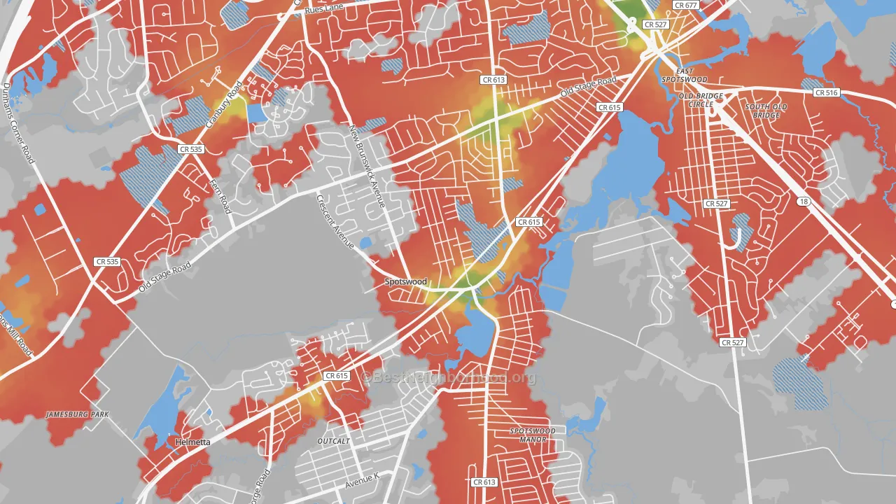 Walk Grade map of 08884, NJ, walkable areas in green and car-dependent areas in red