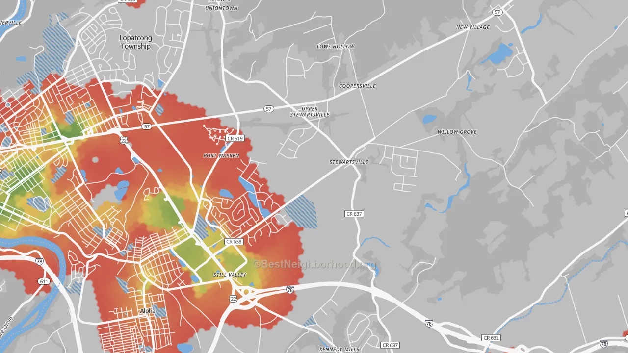 Walk Grade map of 08886, NJ, walkable areas in green and car-dependent areas in red