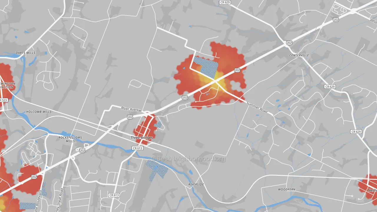 Walk Grade map of 08887, NJ, walkable areas in green and car-dependent areas in red