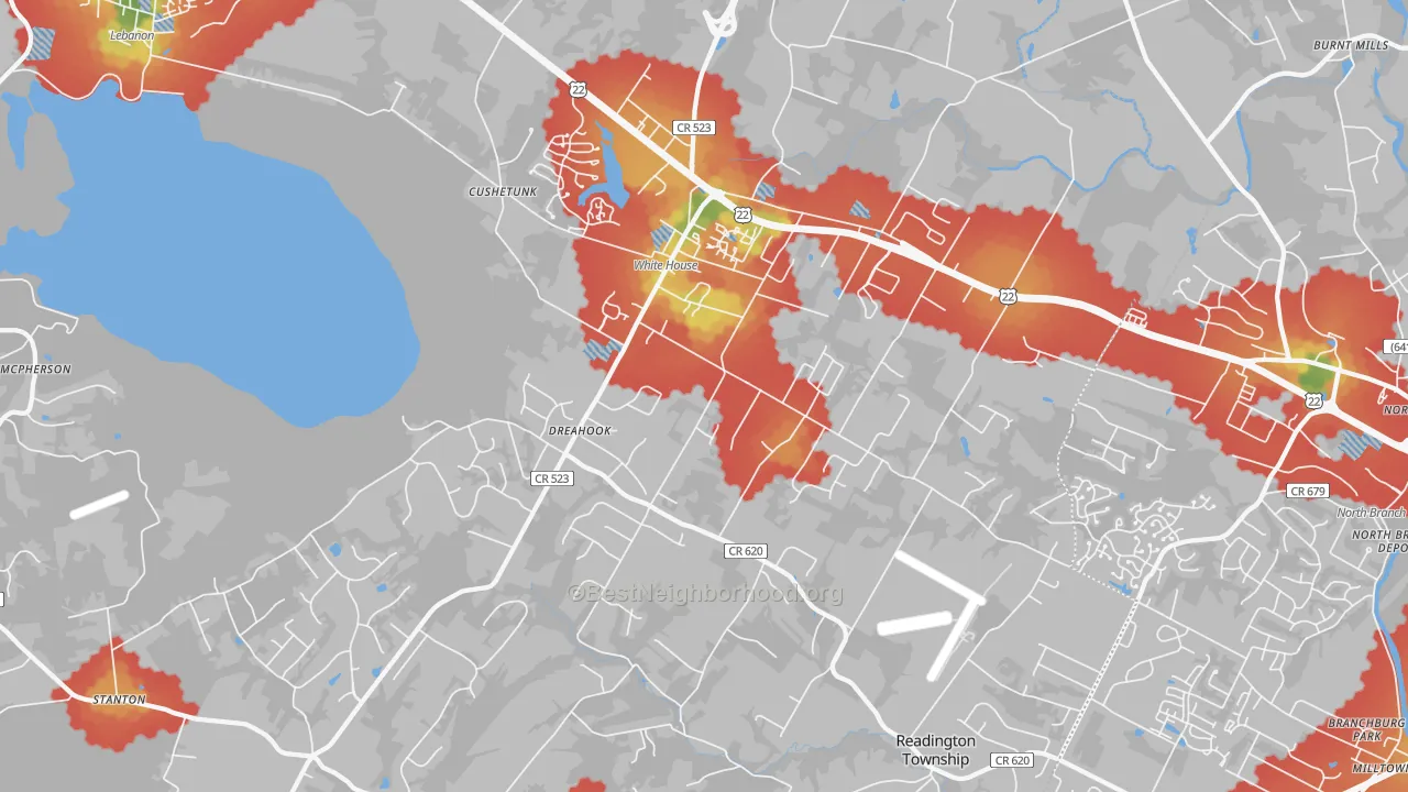 Walk Grade map of 08889, NJ, walkable areas in green and car-dependent areas in red
