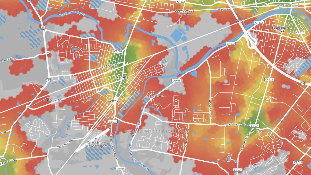 Walk Grade map of 08890, NJ, walkable areas in green and car-dependent areas in red