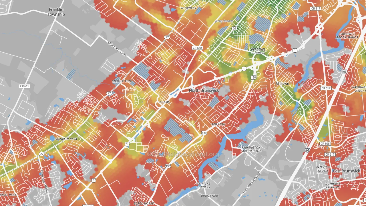 Walk Grade map of 08902, NJ, walkable areas in green and car-dependent areas in red