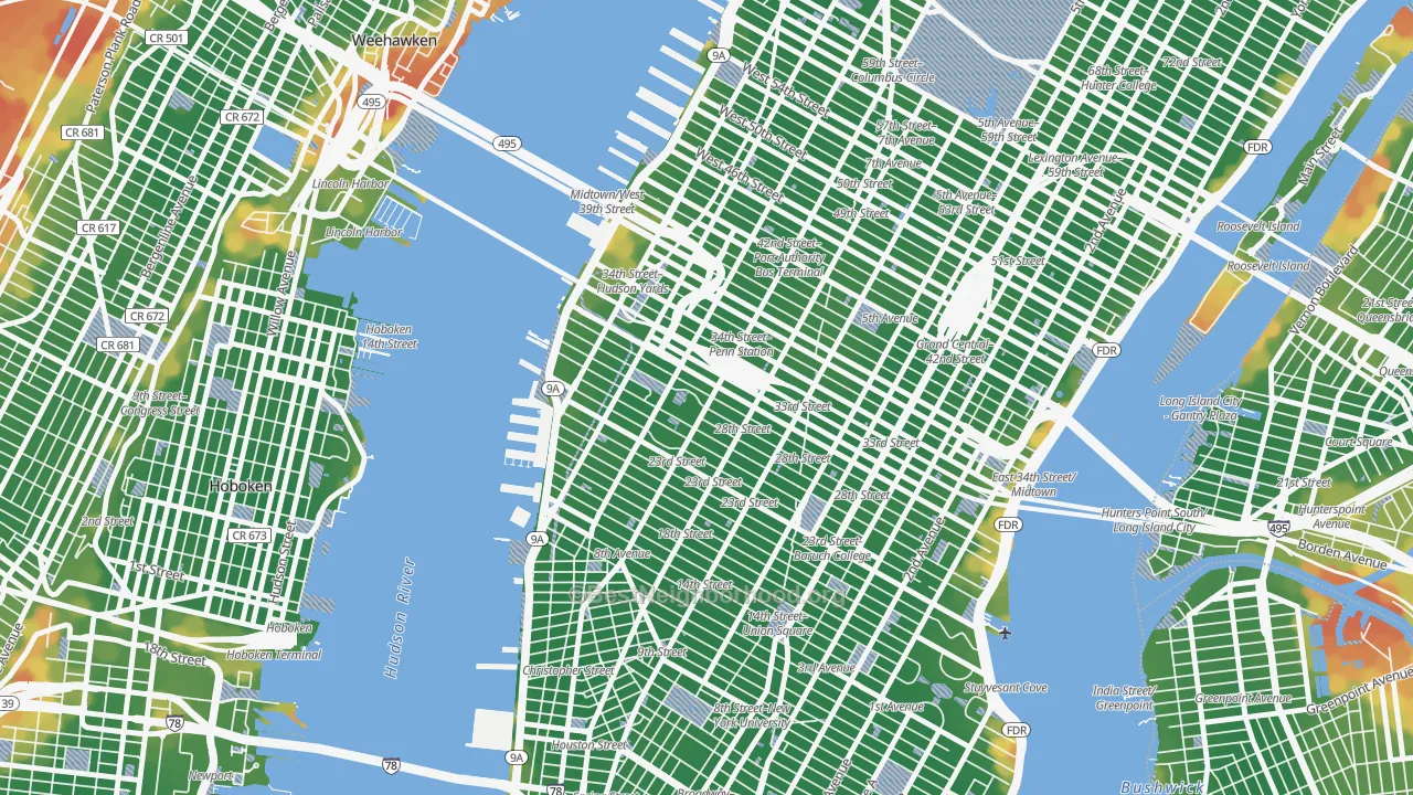 Walk Grade map of 10001, NY, walkable areas in green and car-dependent areas in red