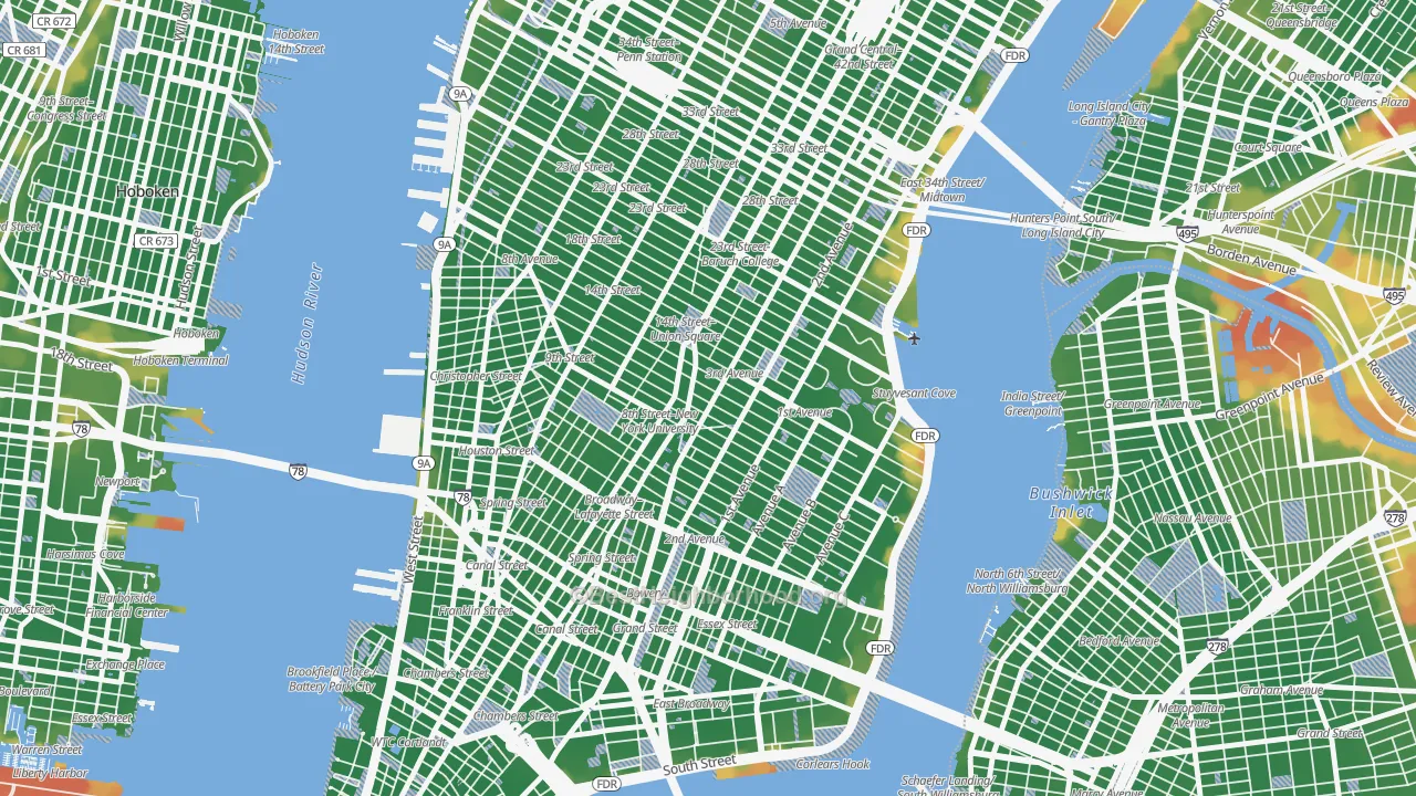 Walk Grade map of 10003, NY, walkable areas in green and car-dependent areas in red