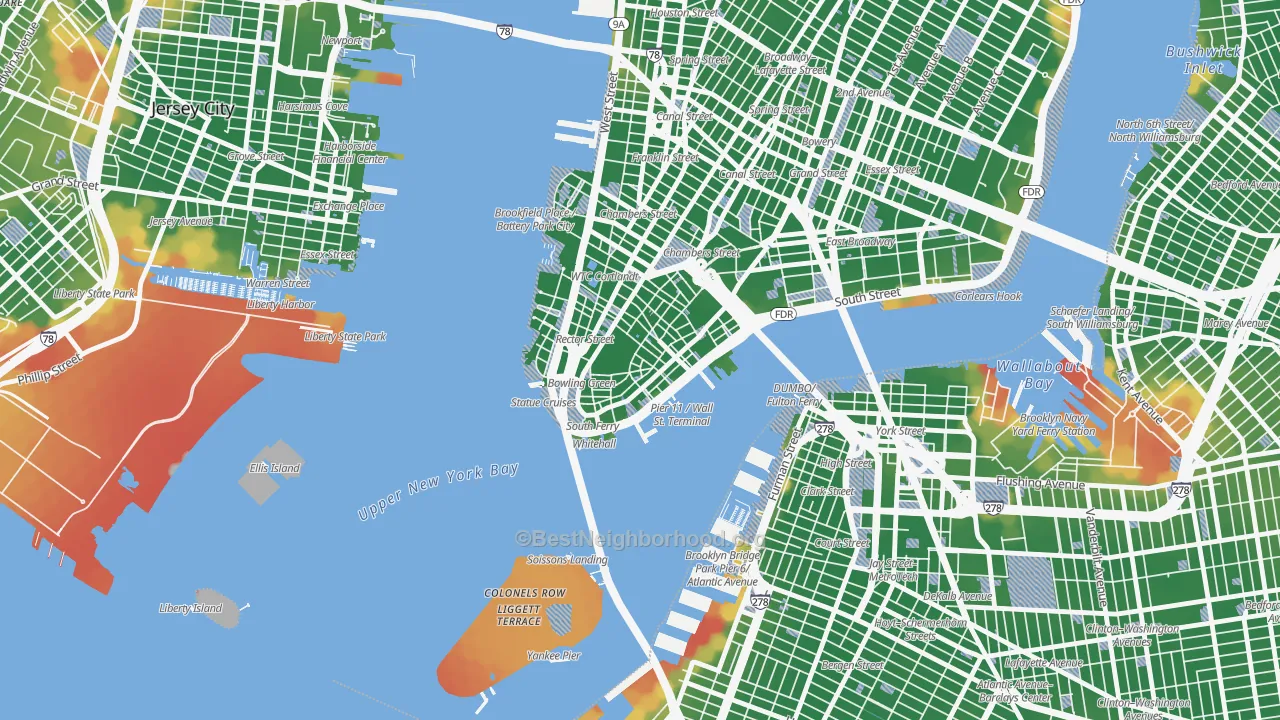 Walk Grade map of 10005, NY, walkable areas in green and car-dependent areas in red