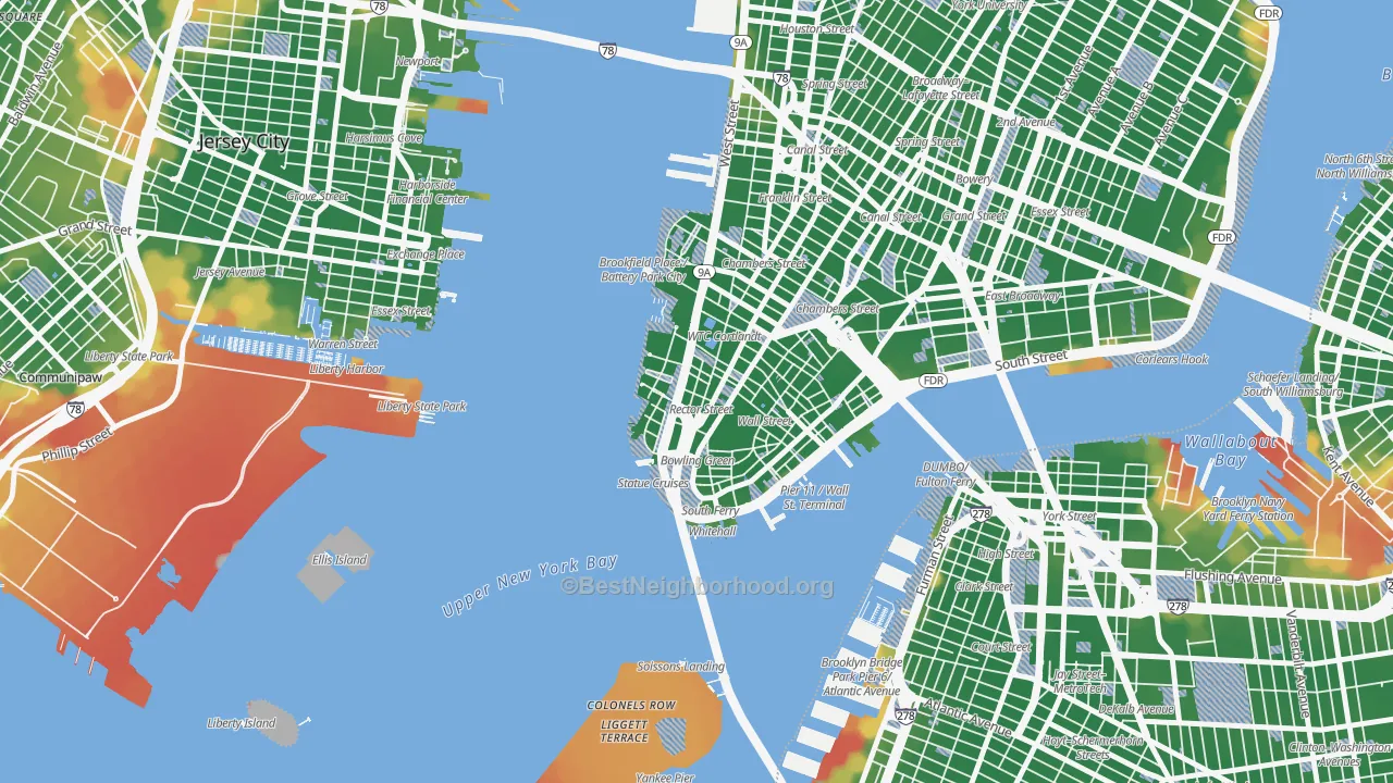 Walk Grade map of 10006, NY, walkable areas in green and car-dependent areas in red