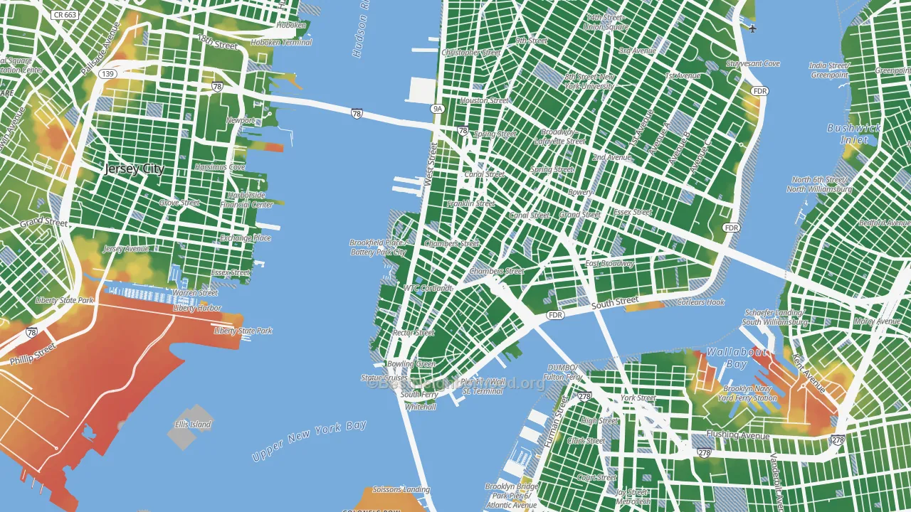 Walk Grade map of 10007, NY, walkable areas in green and car-dependent areas in red
