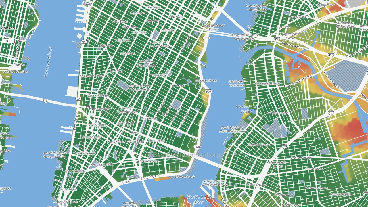 Walk Grade map of 10009, NY, walkable areas in green and car-dependent areas in red