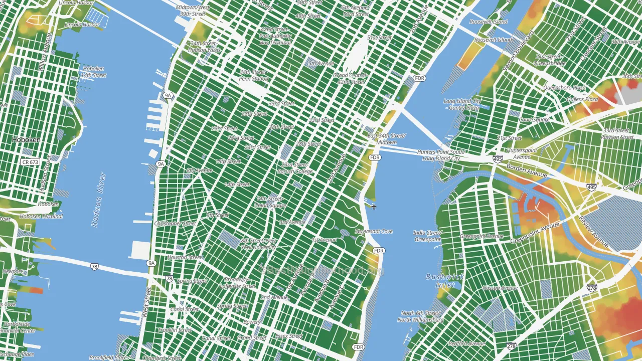 Walk Grade map of 10010, NY, walkable areas in green and car-dependent areas in red