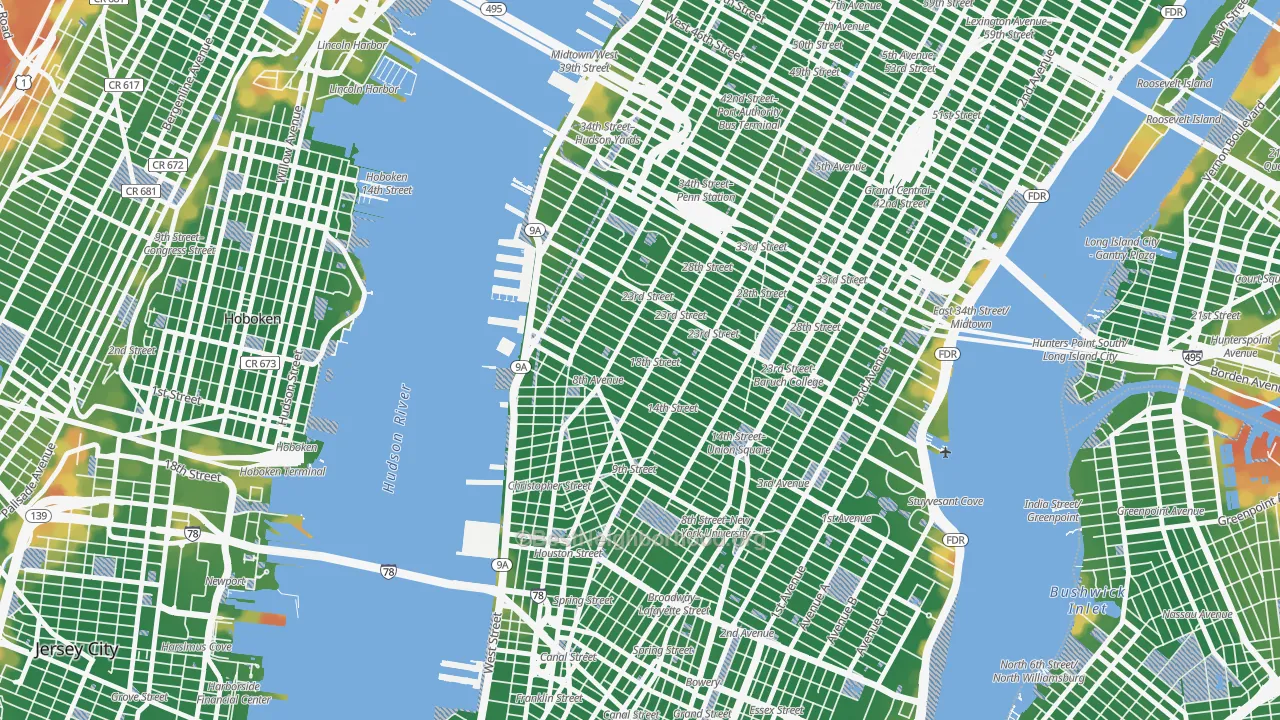 Walk Grade map of 10011, NY, walkable areas in green and car-dependent areas in red