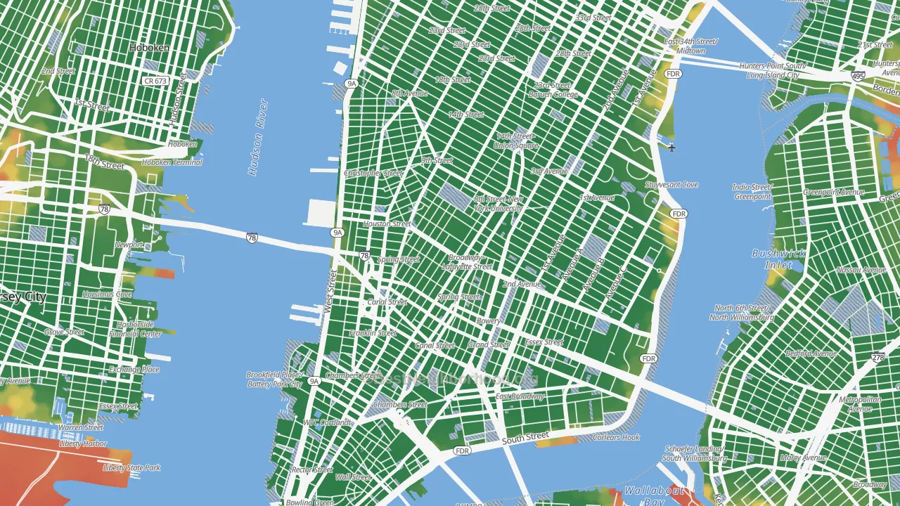 Walk Grade map of 10012, NY, walkable areas in green and car-dependent areas in red