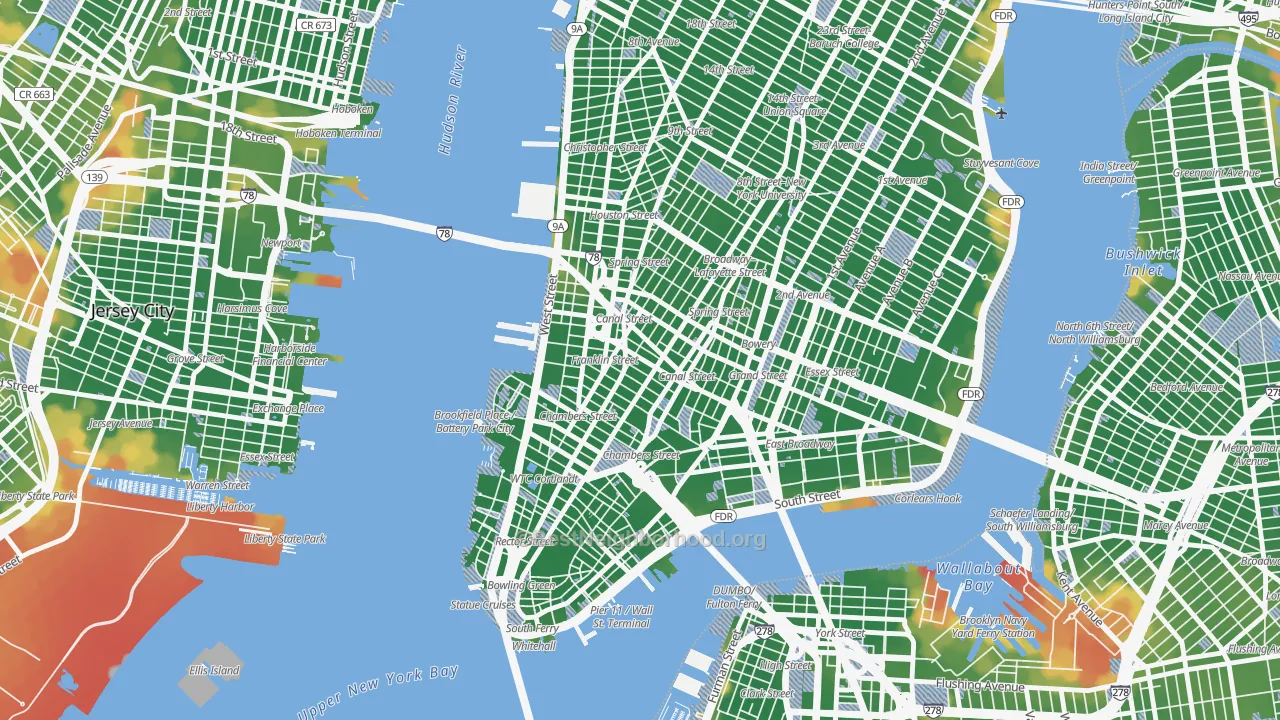 Walk Grade map of 10013, NY, walkable areas in green and car-dependent areas in red