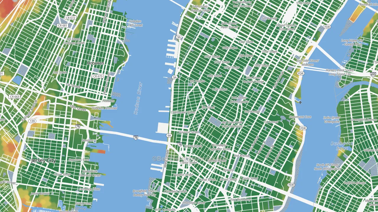 Walk Grade map of 10014, NY, walkable areas in green and car-dependent areas in red