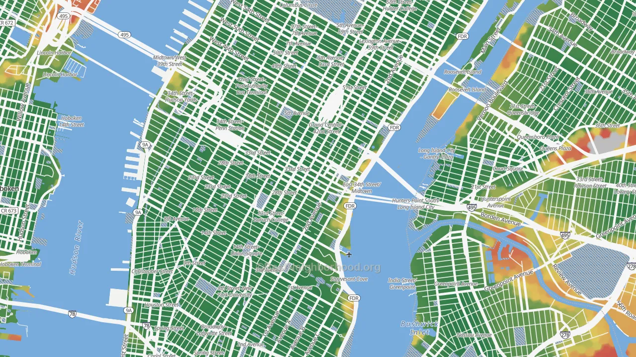 Walk Grade map of 10016, NY, walkable areas in green and car-dependent areas in red