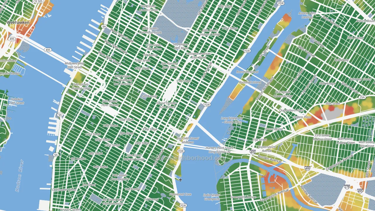 Walk Grade map of 10017, NY, walkable areas in green and car-dependent areas in red