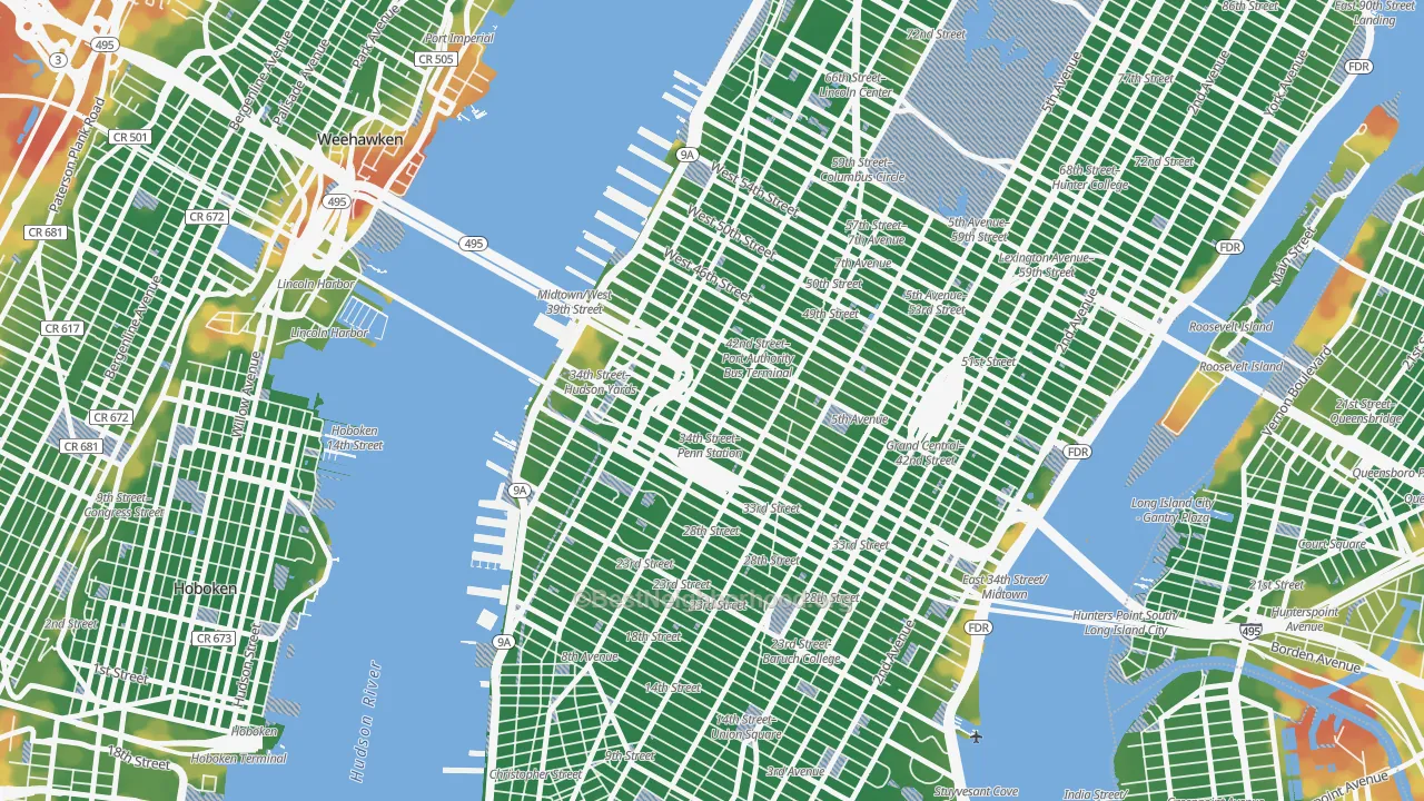 Walk Grade map of 10018, NY, walkable areas in green and car-dependent areas in red
