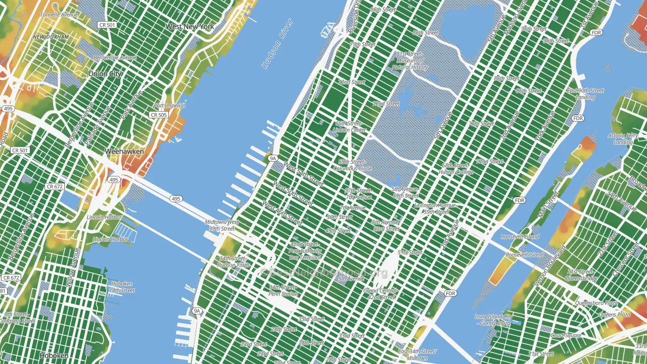 Walk Grade map of 10019, NY, walkable areas in green and car-dependent areas in red