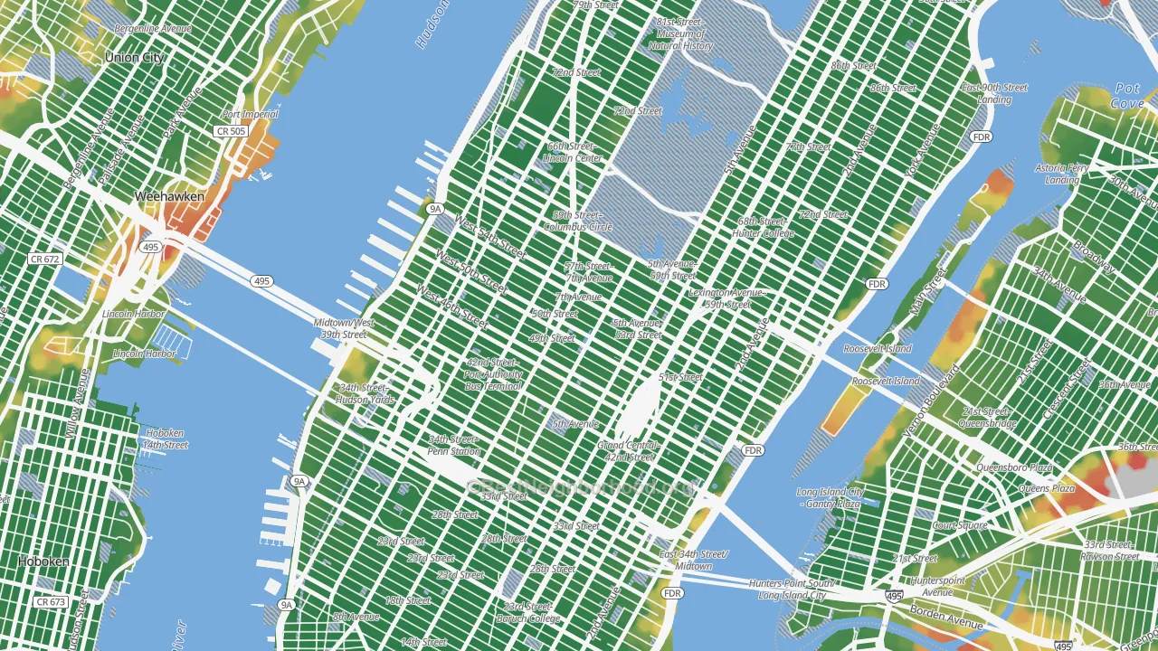 Walk Grade map of 10020, NY, walkable areas in green and car-dependent areas in red
