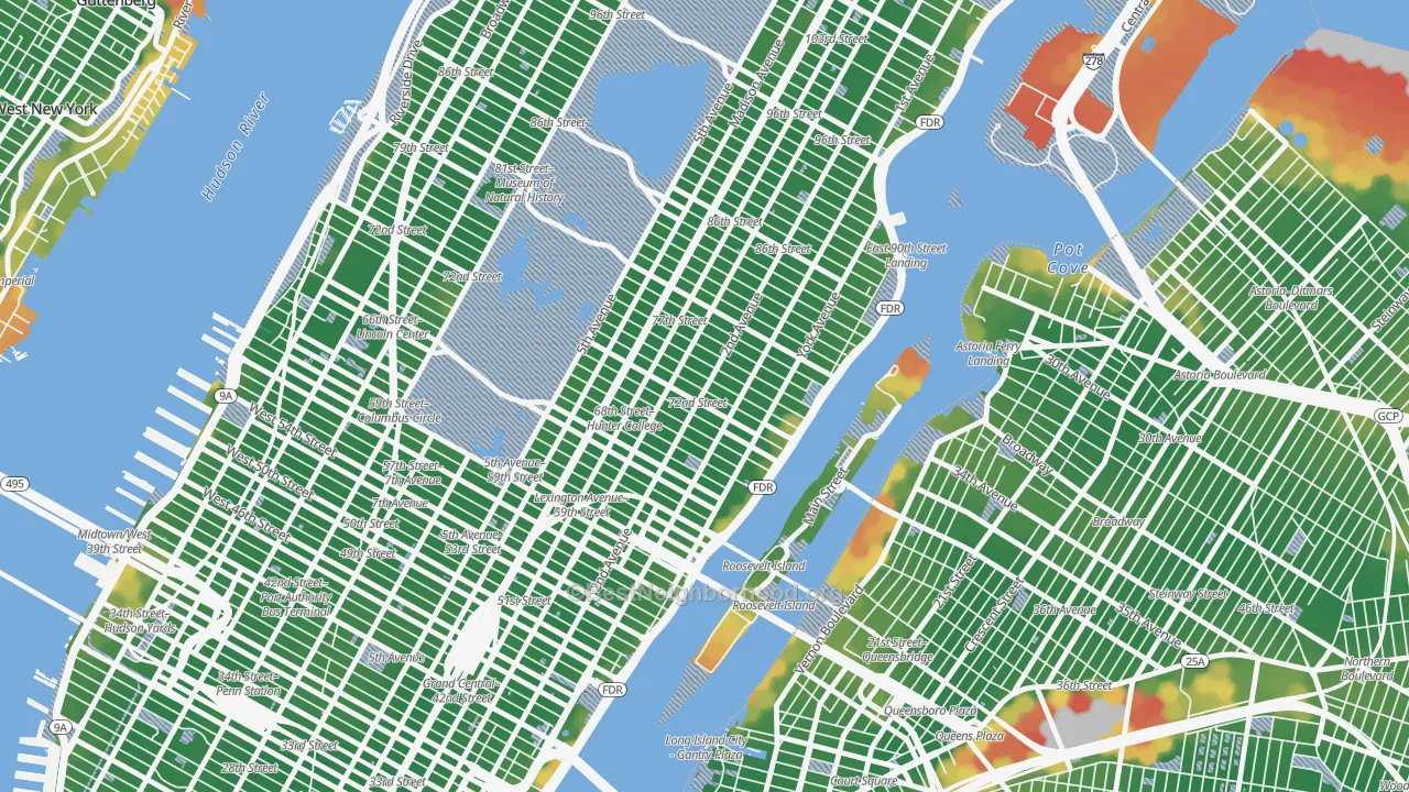 Walk Grade map of 10021, NY, walkable areas in green and car-dependent areas in red