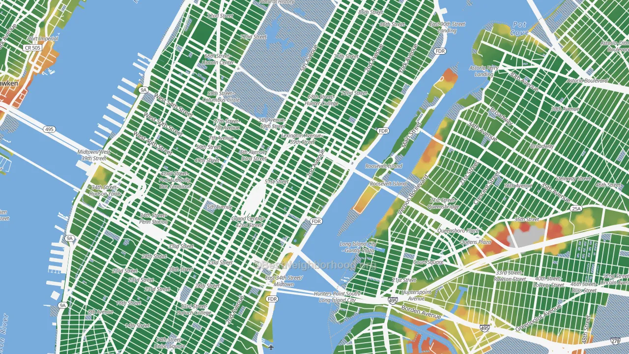 Walk Grade map of 10022, NY, walkable areas in green and car-dependent areas in red