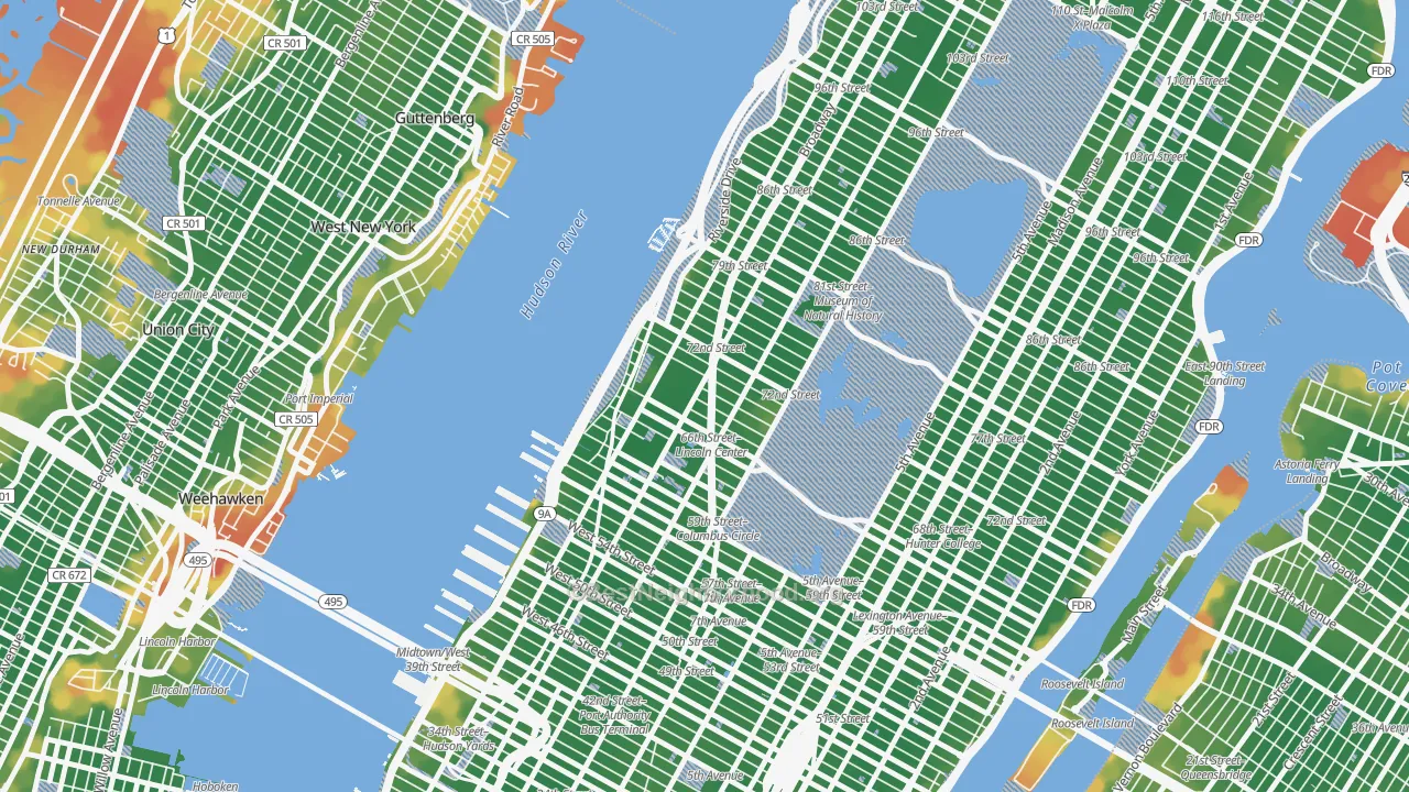 Walk Grade map of 10023, NY, walkable areas in green and car-dependent areas in red