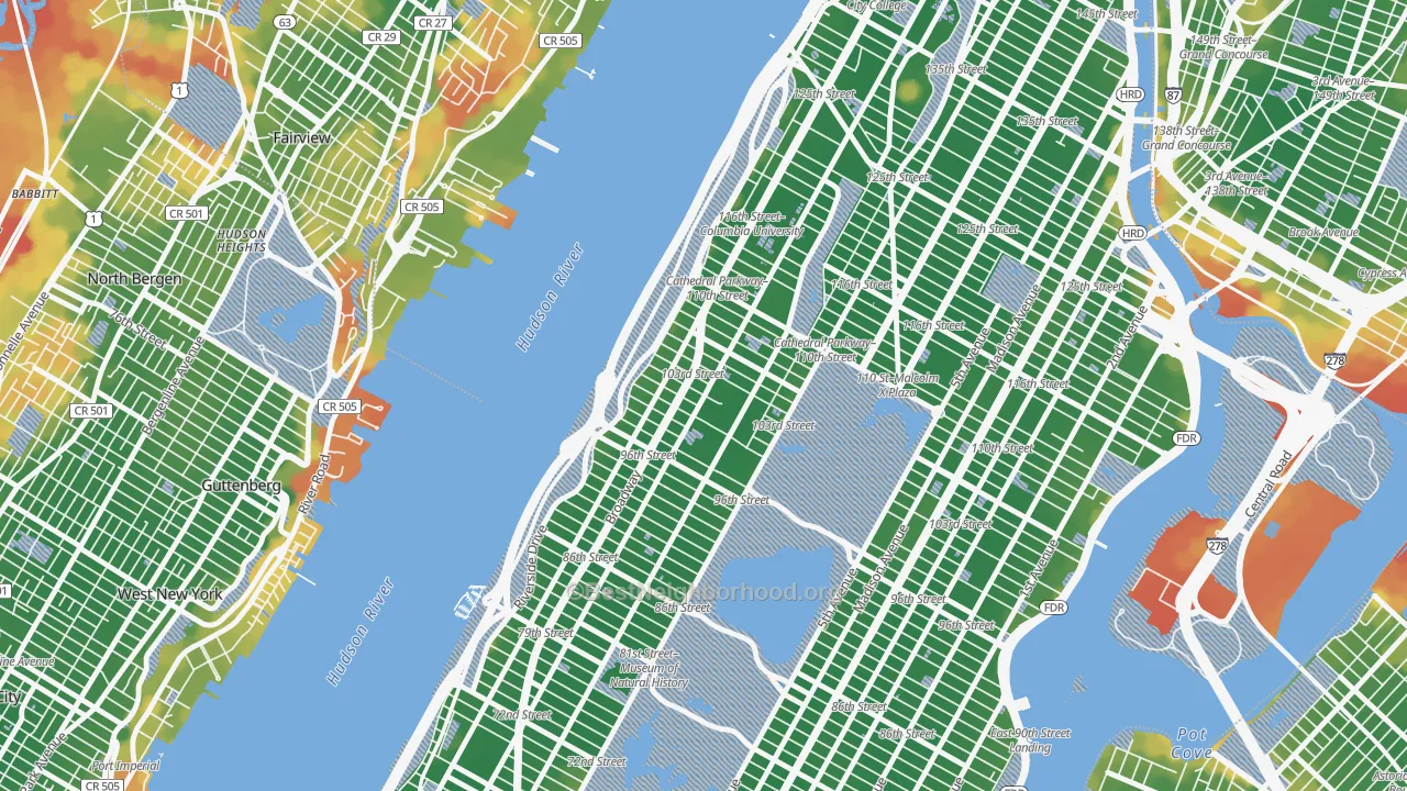 Walk Grade map of 10025, NY, walkable areas in green and car-dependent areas in red