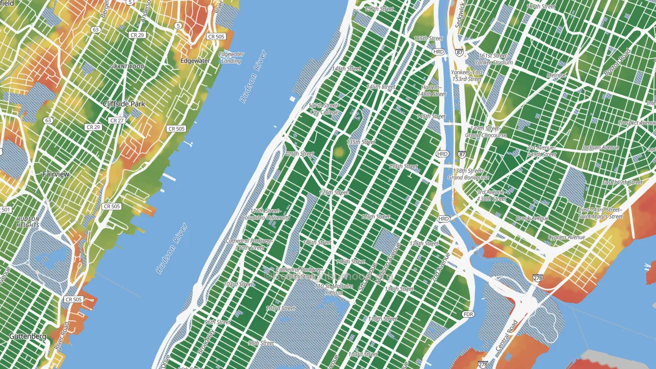 Walk Grade map of 10027, NY, walkable areas in green and car-dependent areas in red