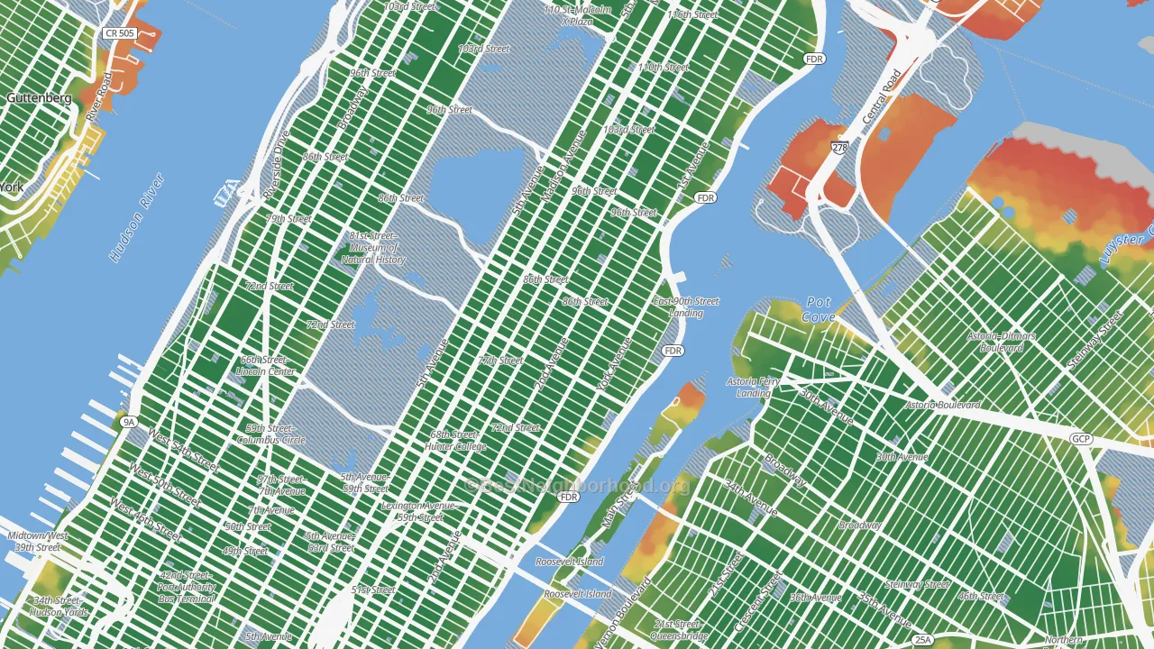 Walk Grade map of 10028, NY, walkable areas in green and car-dependent areas in red