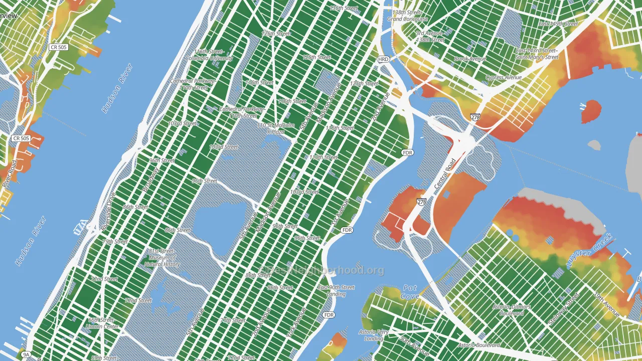 Walk Grade map of 10029, NY, walkable areas in green and car-dependent areas in red