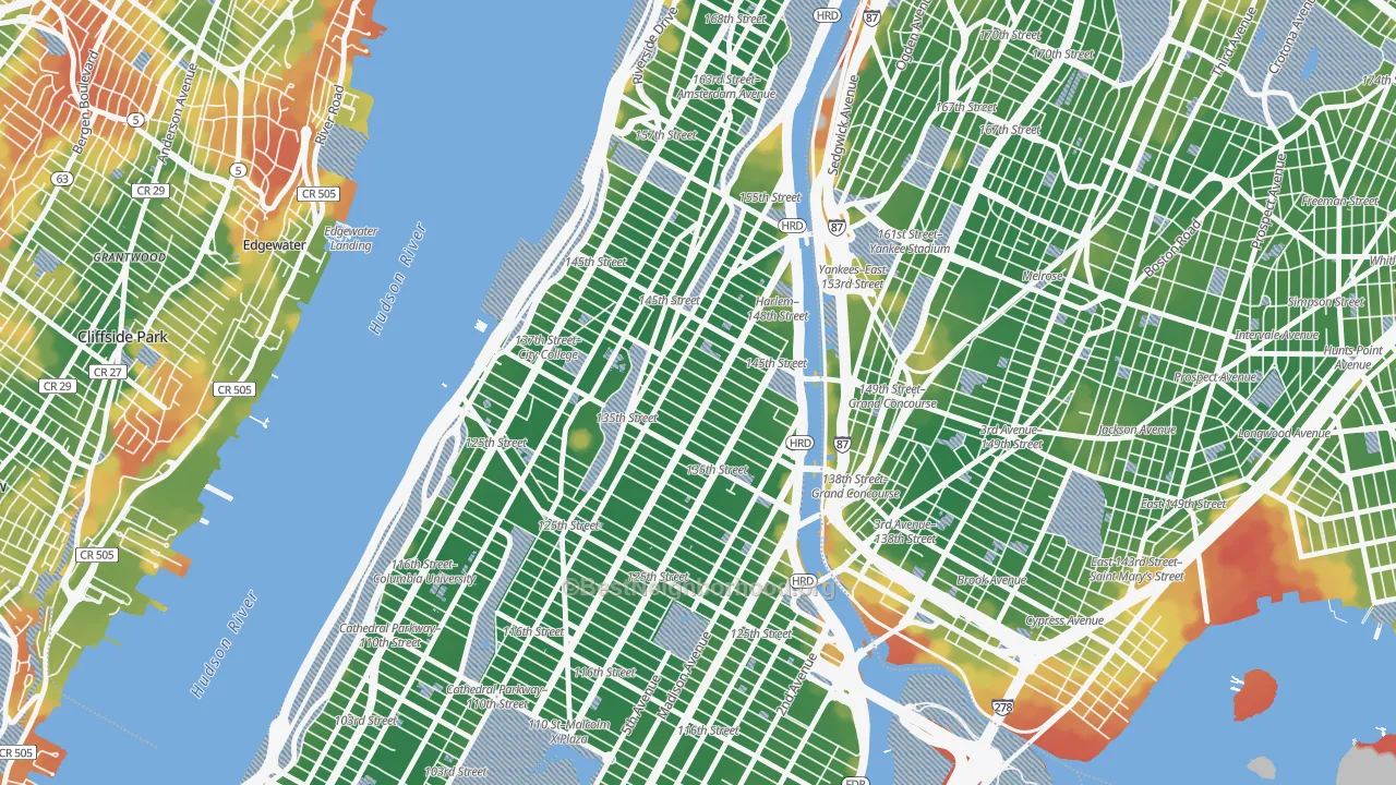Walk Grade map of 10030, NY, walkable areas in green and car-dependent areas in red