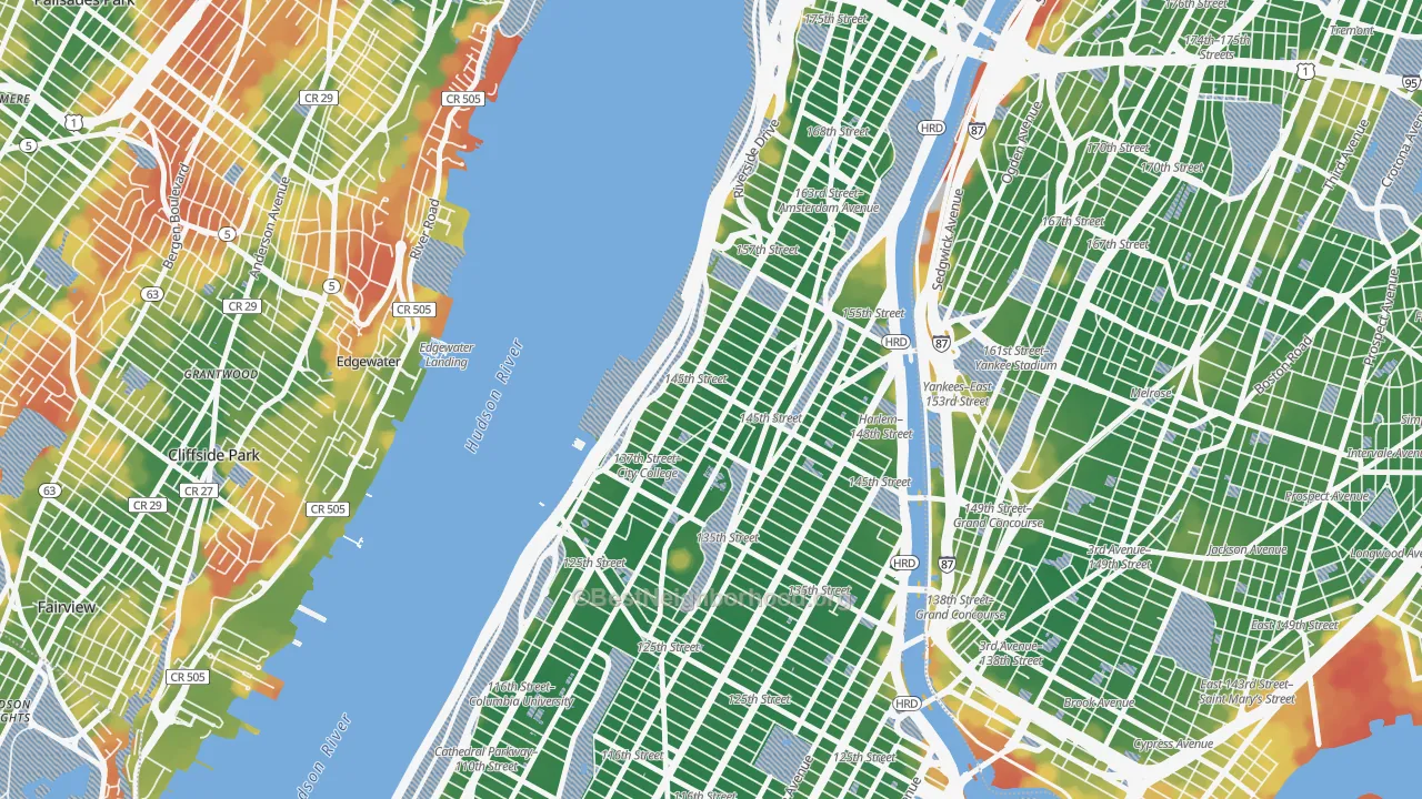 Walk Grade map of 10031, NY, walkable areas in green and car-dependent areas in red