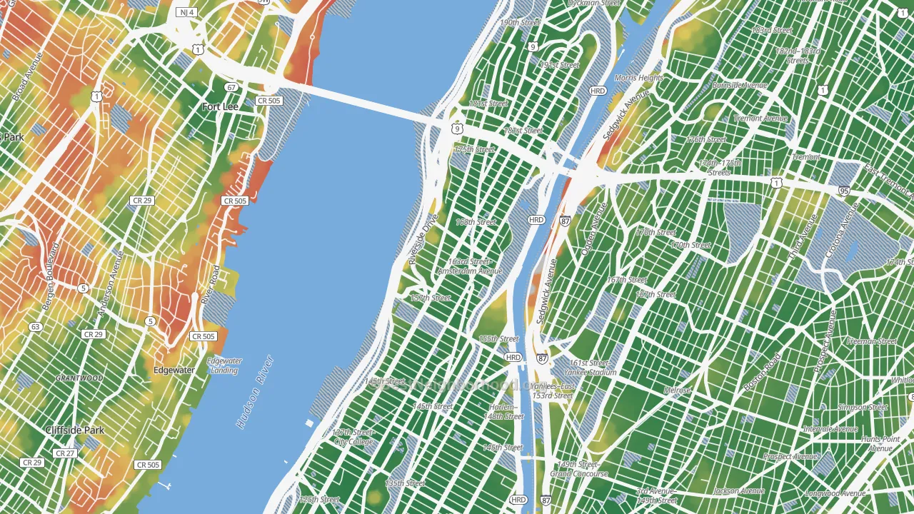 Walk Grade map of 10032, NY, walkable areas in green and car-dependent areas in red