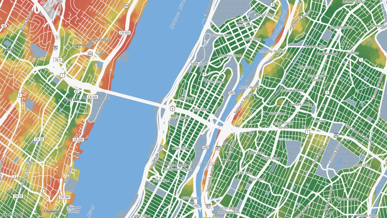 Walk Grade map of 10033, NY, walkable areas in green and car-dependent areas in red